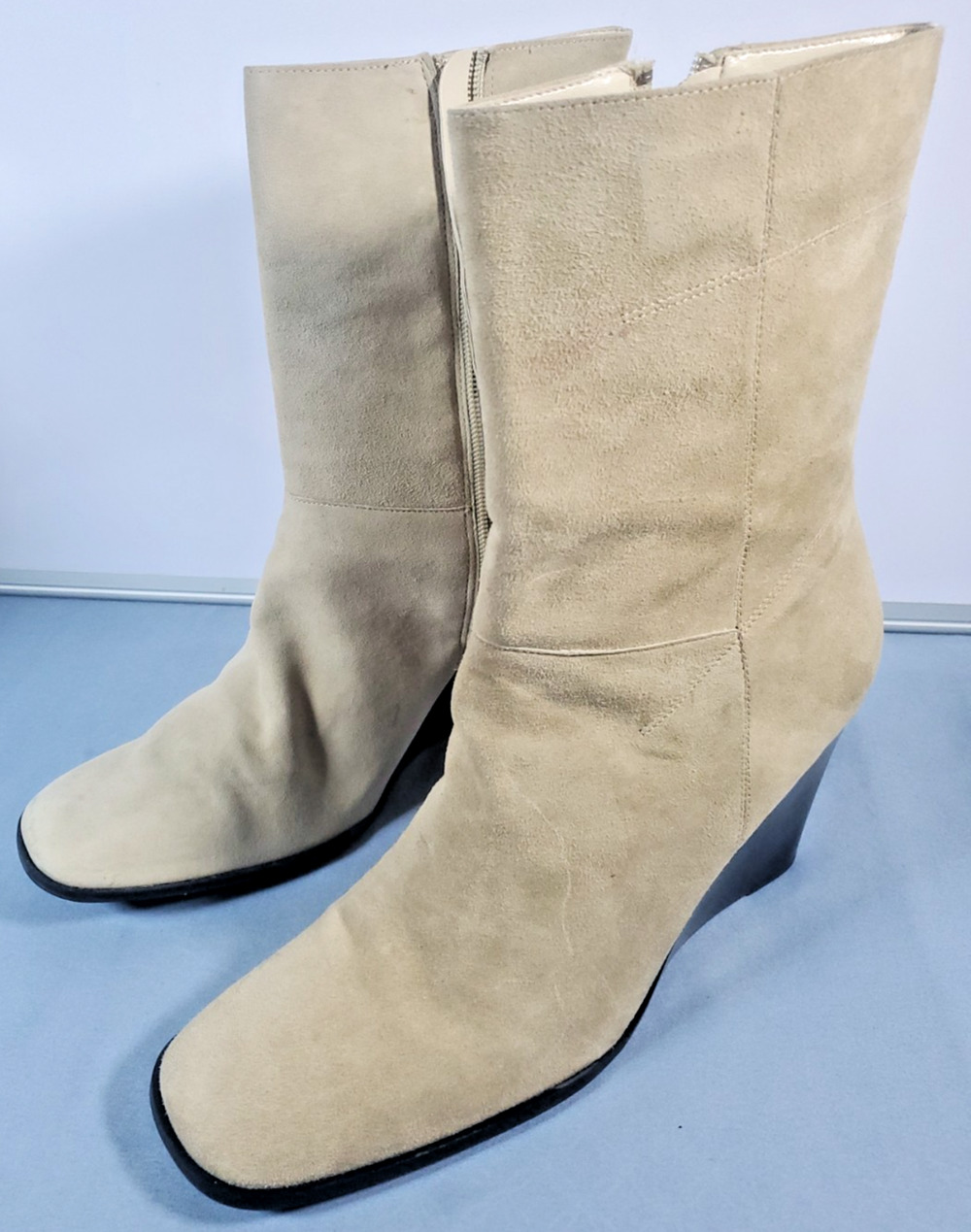 Enzo Angiolini Women Suede Wedge Boots Sz 11 M Tan Beige Mid Calf Square Toe